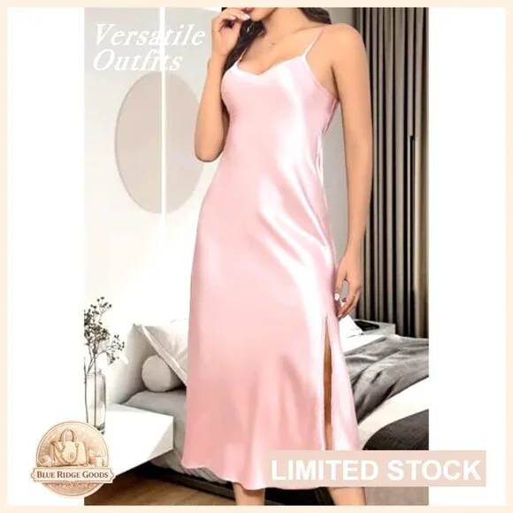 Long Satin Slip Dress Nightgown Adjustable Straps V Neck Midi